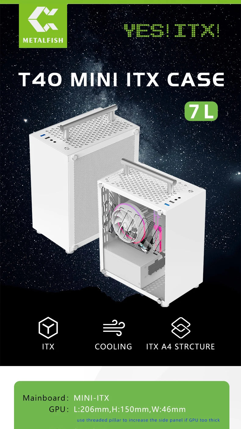 METALFISH T40 Mini ITX Black Case 7L Gaming Computer Chassis Compact transparent PC Support SFX PSU/70mm Cooler With Handle.