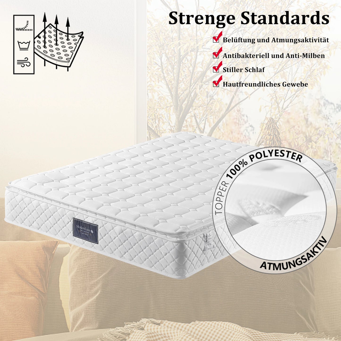 matratzen 140x200 90x200 160x200cm 7 Zonen Kaltschaum Matratze, Taschenfederker, Härtegrad H3, 25cm Höhe,versteppter Mikrofaserbezug-Topping
