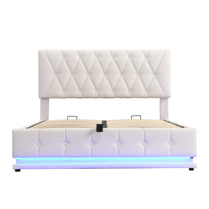 Rosahqnda Gepolstertes hydraulisches Bett 140 * 200 cm mit LED-verstellbarem Kopfteil, moderner Doppelbettrahmen mit Stauraum,PU