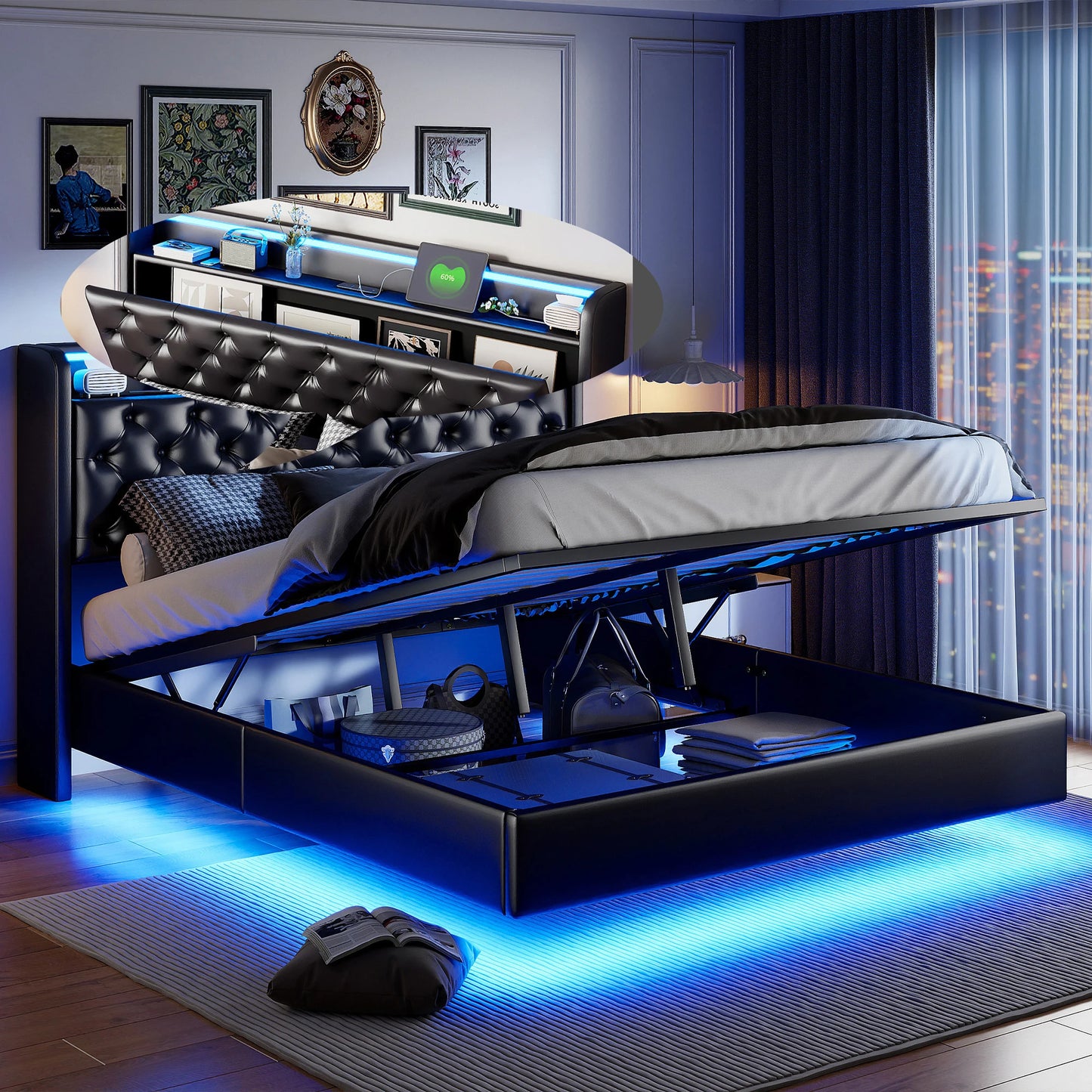 Polsterdoppelbett 140 x 200 cm mit Kopfteil, Bett mit Lattenrost aus Metallrahmen, PU Betten mit großem Stauraum, hydraulischer