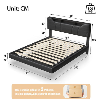 Rosahqnda Soft Bed,Air Pressure Storage Bed, with LED and USB Charging Ports,Adjustable Headboard,Bedroom,Adults,Youth,Black PU