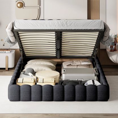 Rosahqnda Polsterbett mit LED- und USB-Anschluss, Leinenbaumstumpfbettgestell mit Kopfteil, 140 x 200 cm großes hydraulisches Bett ohne Matratze