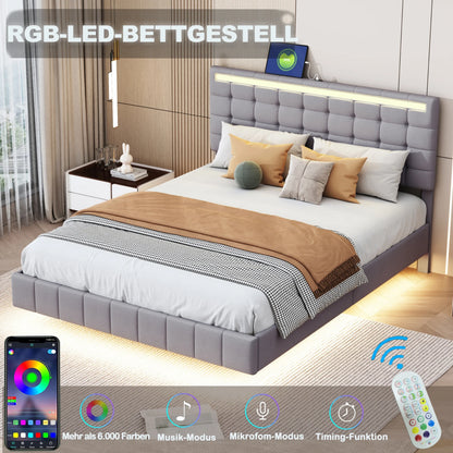 Comanlai Polsterbett 140 x 200 cm, mit LED-Leuchten, mit Lattenrost und Kopfteil, Jugendbett, Doppelbett, ohne Matratze, Grau