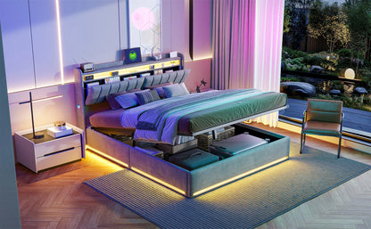 Rosahqnda Doppelbett,Kopfteil mit LED-Beleuchtung,USB-Anschlüssen und Ablagefach,Stauraumbett,Gästebett,Jugendbett,Samtstoff