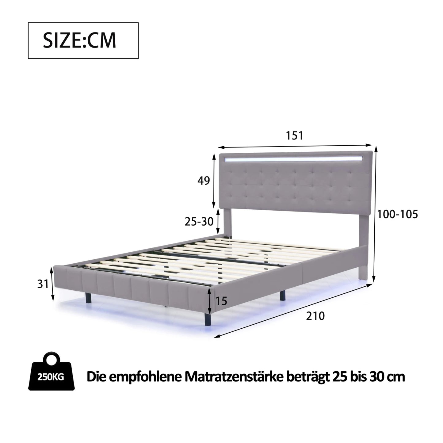 Rosahqnda Polsterbett 140/160x200cm, Doppelbett mit LED, 2 USB, schwebender Bettrahmen, Holzlattenrost, graues Leinen
