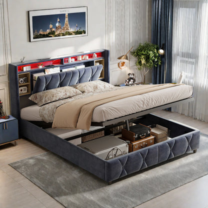 ROSAHQNDA Doppelbett mit Stauraum, LED-Bücherregal-Kopfteil mit USB, Polsterbett 140/160 x 200 cm, Samt, ohne Matratze