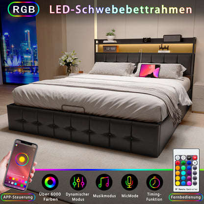 Rosahqnda Polsterbett 140 x 190 cm Doppelbett mit LED und USB, gepolsterter Bettrahmen mit Kopfteil und Lattenrost, Höhe 32 cm