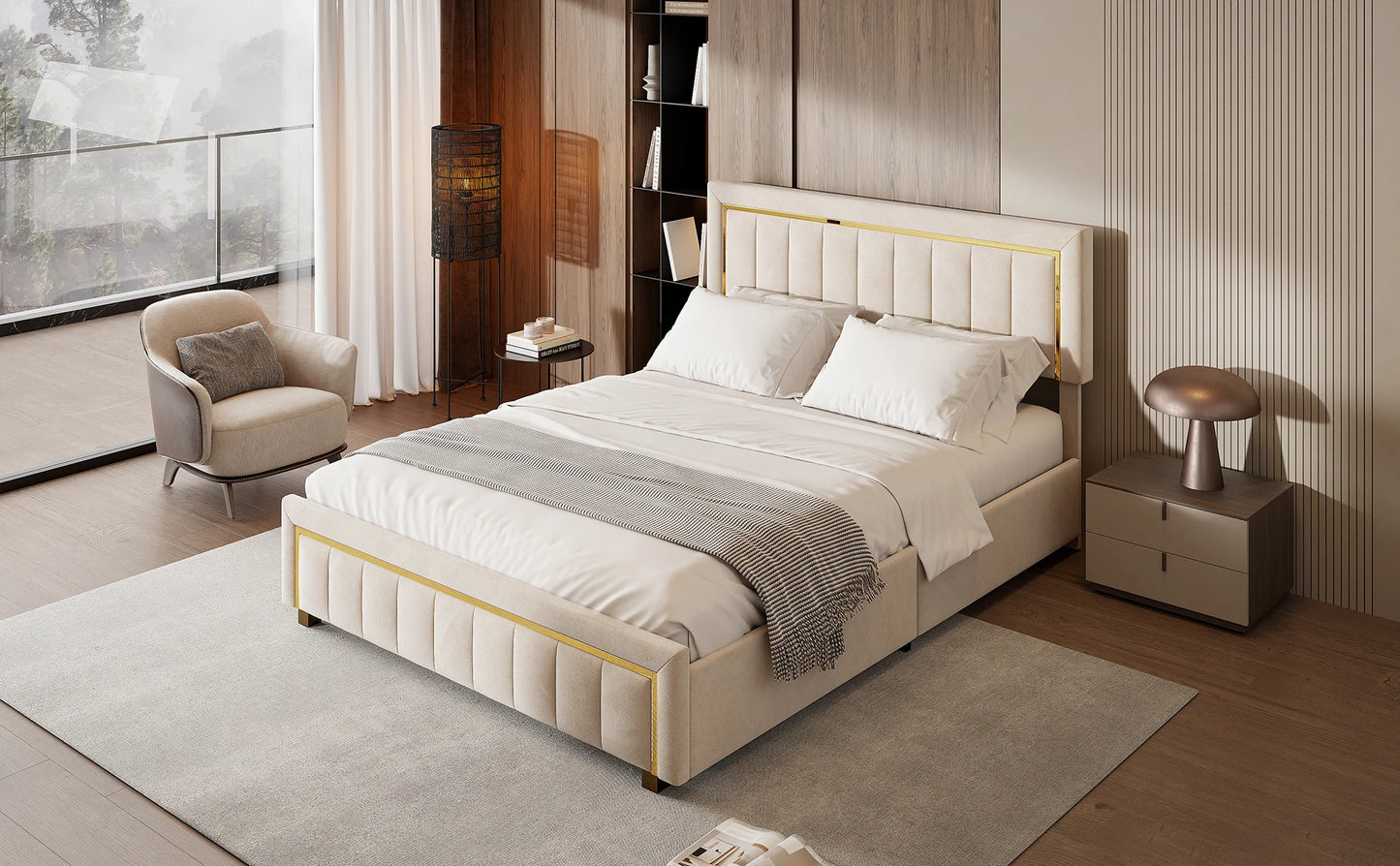 Rosahqnda Doppeltes gepolstertes hydraulisches Bett, 140-160 * 200 cm, großer Stauraum, Gästebett, Samt, schwarz, beige