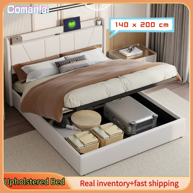 Comanlai 140 x 200 cm Polsterbett, hydraulisches Bett mit Stauraum, mit USB und Typ C, Jugendbett, ohne Matratze, Leinenstoff, Beige