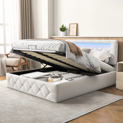 Rosahqnda Modernes weißes Polsterbett,hydraulisches Bett mit großem Stauraum, elegantes Doppelbett,Samtstoff, ohne Matratze