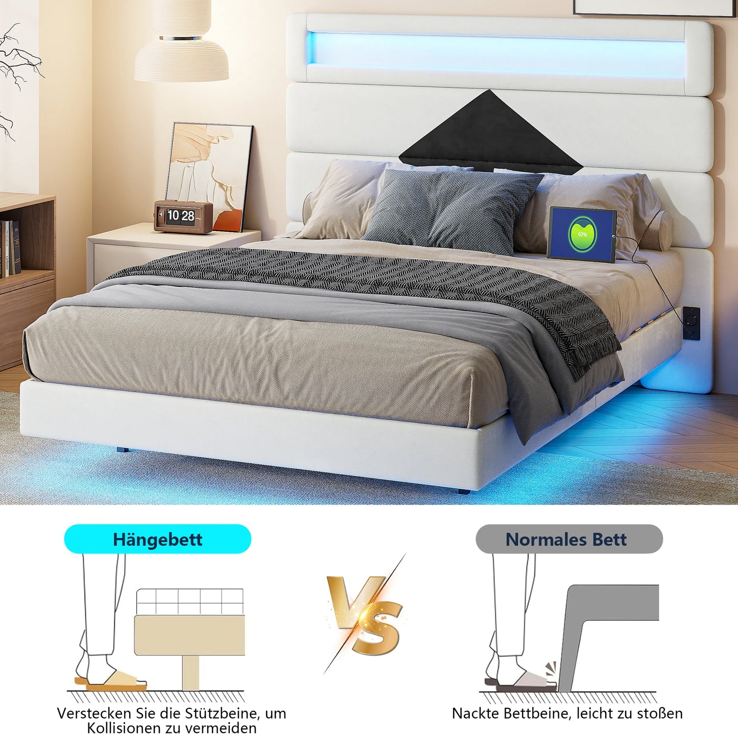 Anajqaqia 140 x 190 cm gepolstertes Bett, Doppelbett mit USB-Ladeanschluss, Kopfteil und Unterbett mit Lichtleiste, Samt