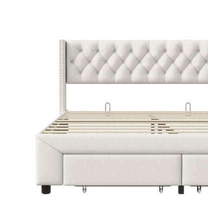 Rosahqnda Modernes Doppelbettgestell, 140 x 190 cm, Bett mit Stauraum, 160–180 x 200 cm, mit LED, USB und 2 Schubladen, Teenagerbett, Gästebett, Samtbeige