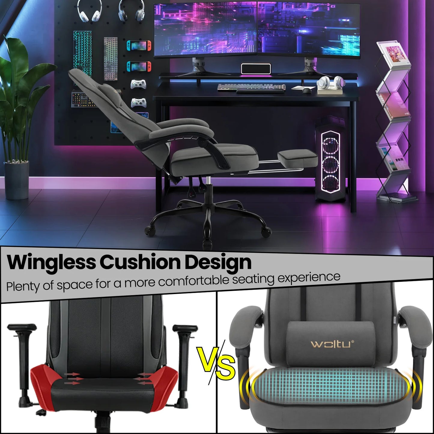 WOLTU Drehbarer Gamer-Stuhl, Gaming-Stuhl, ergonomischer Büro-Computerstuhl mit Lendenkissen, Fußstütze