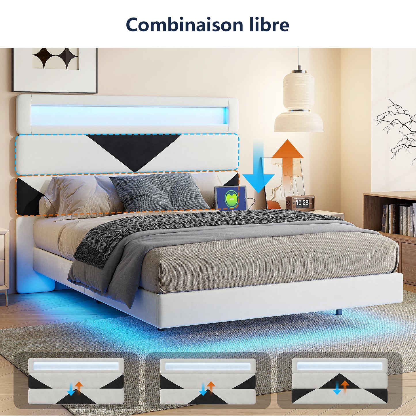 Rosahqnda Schwebebett 140*190cm Doppelbett Rahmen 160*200cm mit LED&USB Polsterbett Erwachsenenwohnung Jugendbett Samt
