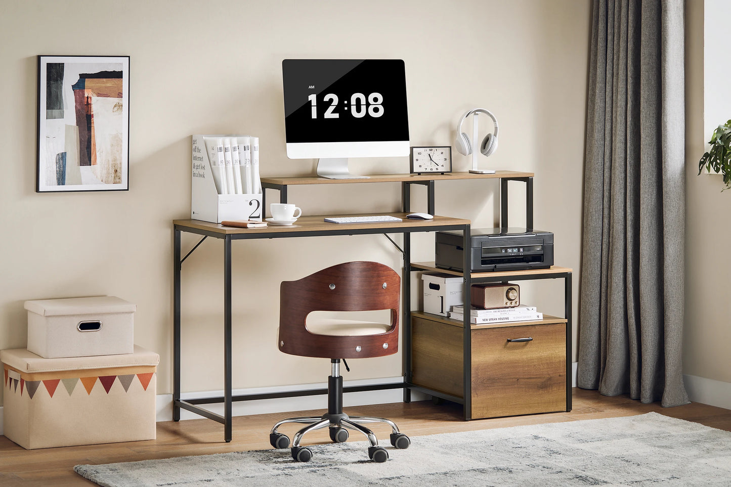 SoBuy FWT103-PF Schreibtisch mit 3 Ablagen Computertisch Bürotisch für Homeoffice Industrie-Design BHT ca. 143x90x50cm