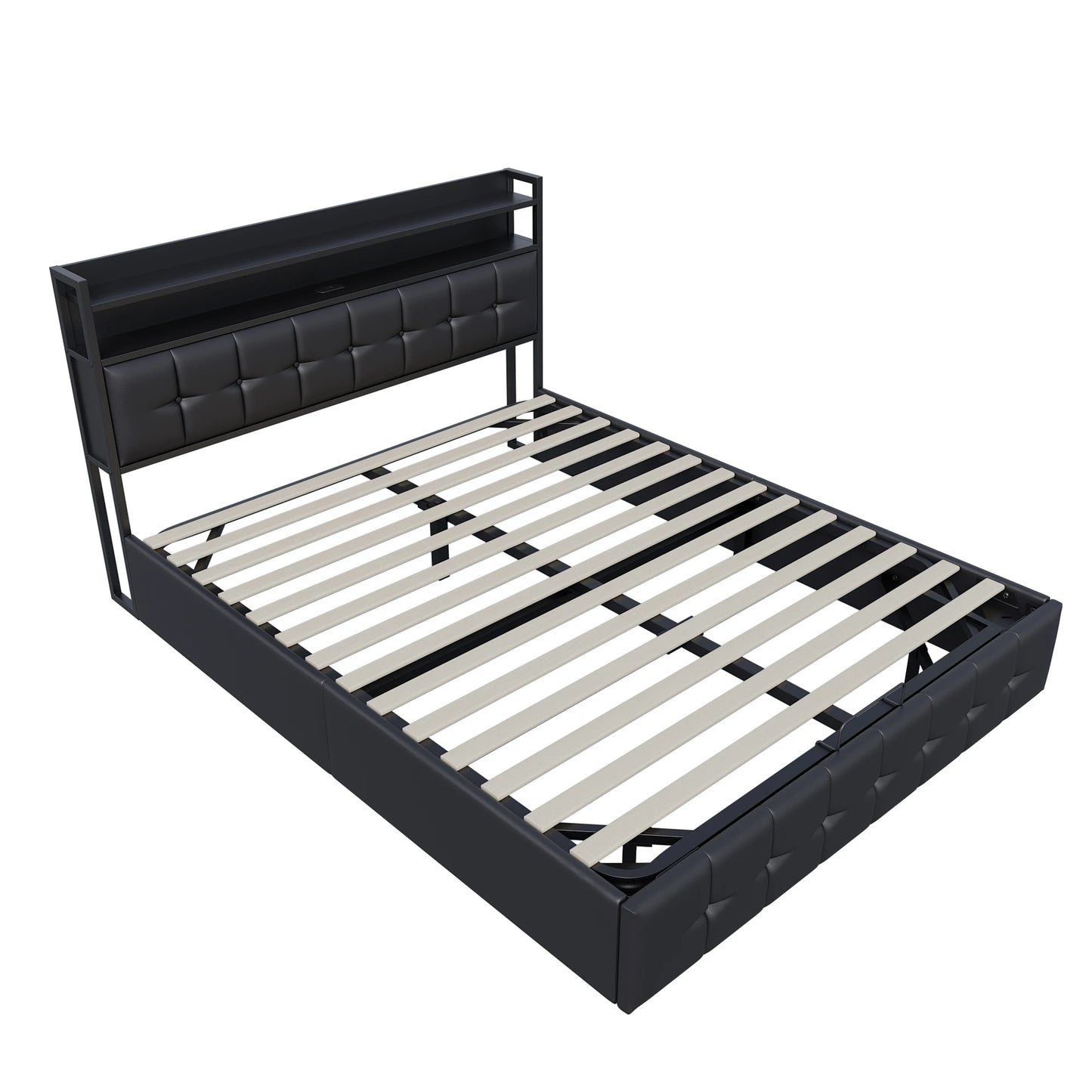 Polsterbett 140x190 cm, mit LED-Beleuchtung und USB, mit Rückenlehnenrahmen, hydraulisches Speicherbett, Funktionsbett, PU