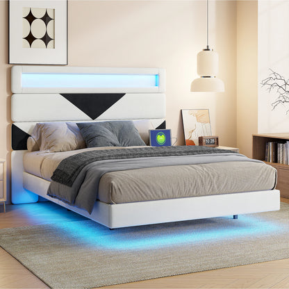 Doppelbett 160x200 cm, mit zwei USB-Ladeanschlüssen und LED-Lichtleiste, dreieckiges Kopfteil, verstellbare Holzplatte, Samt