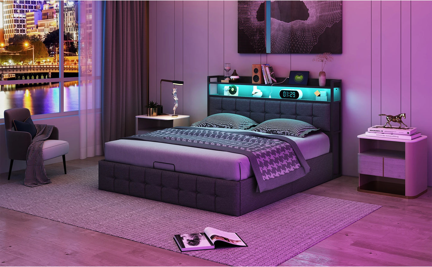 Rosahqnda Polsterbett 140 x 190 cm Doppelbett mit LED und USB, gepolsterter Bettrahmen mit Kopfteil und Lattenrost, Höhe 32 cm