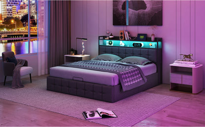 Rosahqnda Polsterbett 140 x 190 cm Doppelbett mit LED und USB, gepolsterter Bettrahmen mit Kopfteil und Lattenrost, Höhe 32 cm