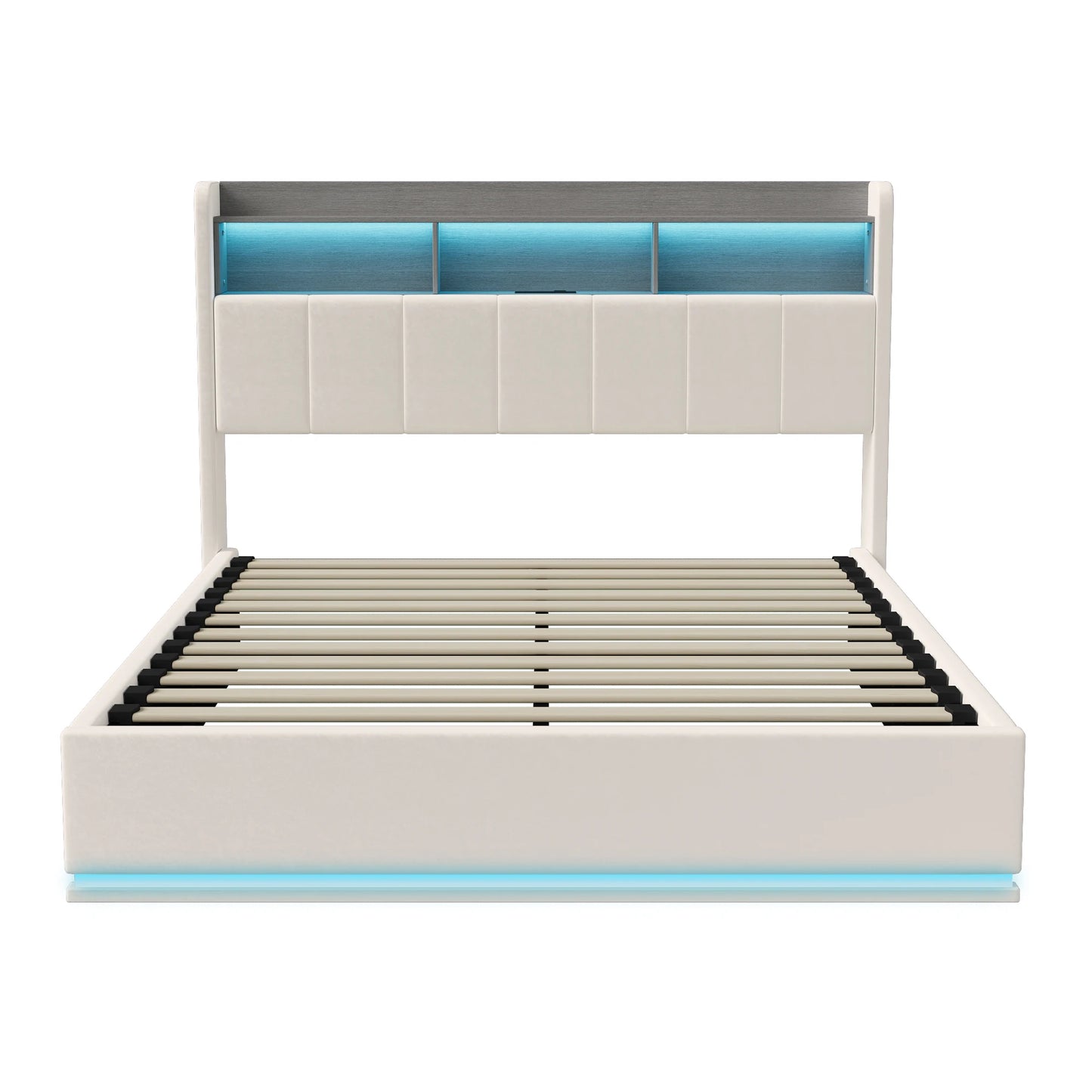 WoodenAura 160x200 CM Polsterbett mit LED-Lichtleiste, Kopfteil mit Stauraum, Doppelbett, flacher Bettrahmen, Metallbettrahmen