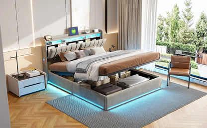 Rosahqnda Doppelbett,Kopfteil mit LED-Beleuchtung,USB-Anschlüssen und Ablagefach,Stauraumbett,Gästebett,Jugendbett,Samtstoff