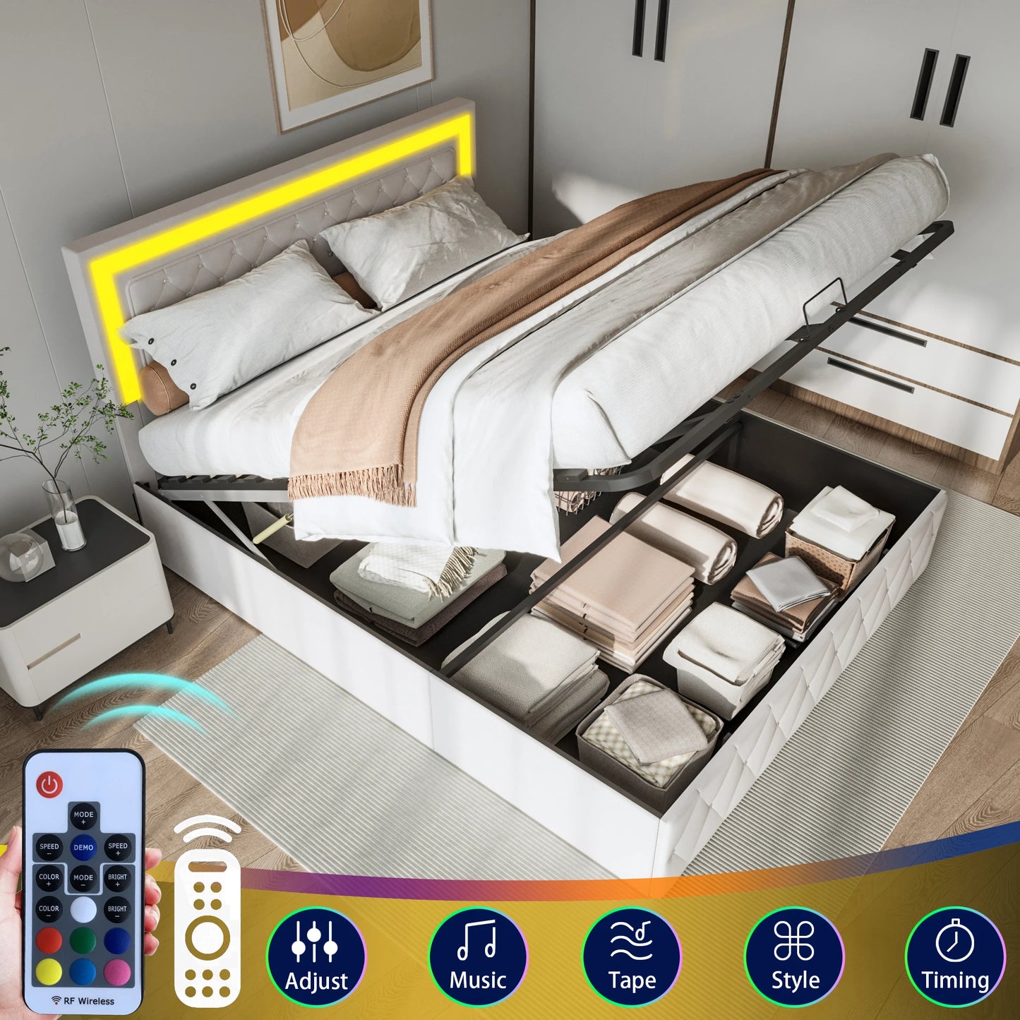 Comanlai 140 x 200 cm Polsterbett, hydraulisches Bett mit Stauraum, LED-Doppelbett mit Stauraum und Lattenrost, Samt, Beige