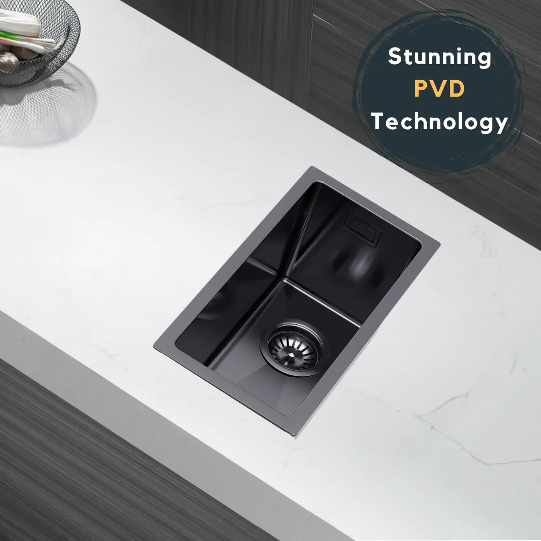 22 x 44 cm große Graphit-Edelstahl-Küchenspüle – kein Wasserhahnloch, PVD-beschichtet, oben/unter/unten/untersetzbar, mit Überlauf- und Abflussset