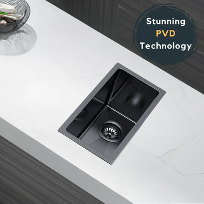 22 x 44 cm große Graphit-Edelstahl-Küchenspüle – kein Wasserhahnloch, PVD-beschichtet, oben/unter/unten/untersetzbar, mit Überlauf- und Abflussset