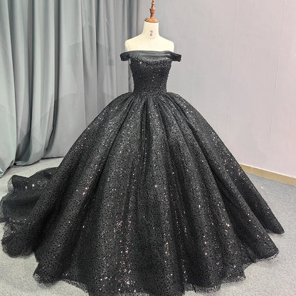 Jancember 6679 Black Off Shoulder Teenage Sequins Birthday Party Formal Quinceanera Dresses.