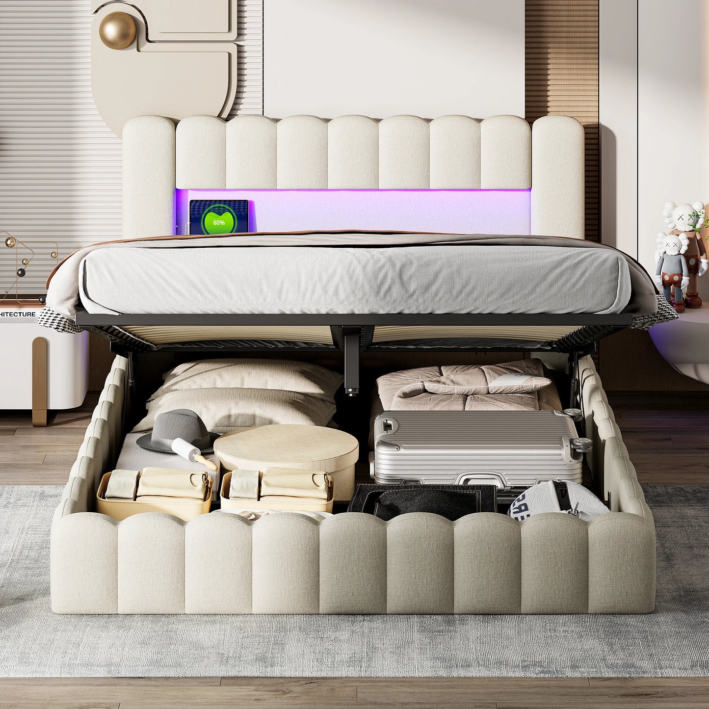 Rosahqnda Upholstered Bed 140x200cm,Storage Bed with LED and USB Charging,for Adults,Teen Bedrooms,Gray, Beige,Linen
