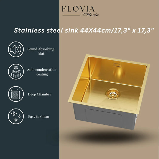 Flovia Gold PVD-Edelstahlspüle 44 x 44 cm – Einzelschüssel oben/Untermontage – mit Abflusssatz und Zubehör