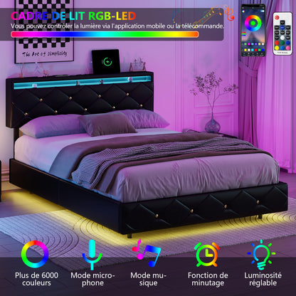 Rosahqnda Schwebebett 140-160*200cm LED USB verstellbares Kopfteil,Doppelpolsterbett Apartmentbett Jugendbett Gästebett,PU