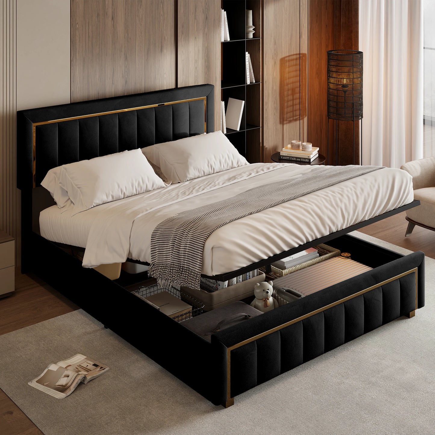 Comanlai Polsterbett, 160 x 200 cm, hydraulisches Bett mit Stauraum, mit Kopfteil und Lattenrost, Doppelbett, keine Matratze, Schwarz