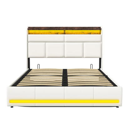 Rosahqnda Doppel-Jugendbettgestell 140–160 x 200 cm mit hydraulischem LED- und USB-Aufbewahrungsbett, Einzelbett, Gäste-/Master-Schlafzimmer, PU, weiß/schwarz