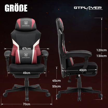 GTPLAYER Gaming Stuhl mit Fußstütze, ergonomischer Bürostuhl mit Netzrückenlehne, Schreibtischstuhl Gaming Sessel aus Stoff
