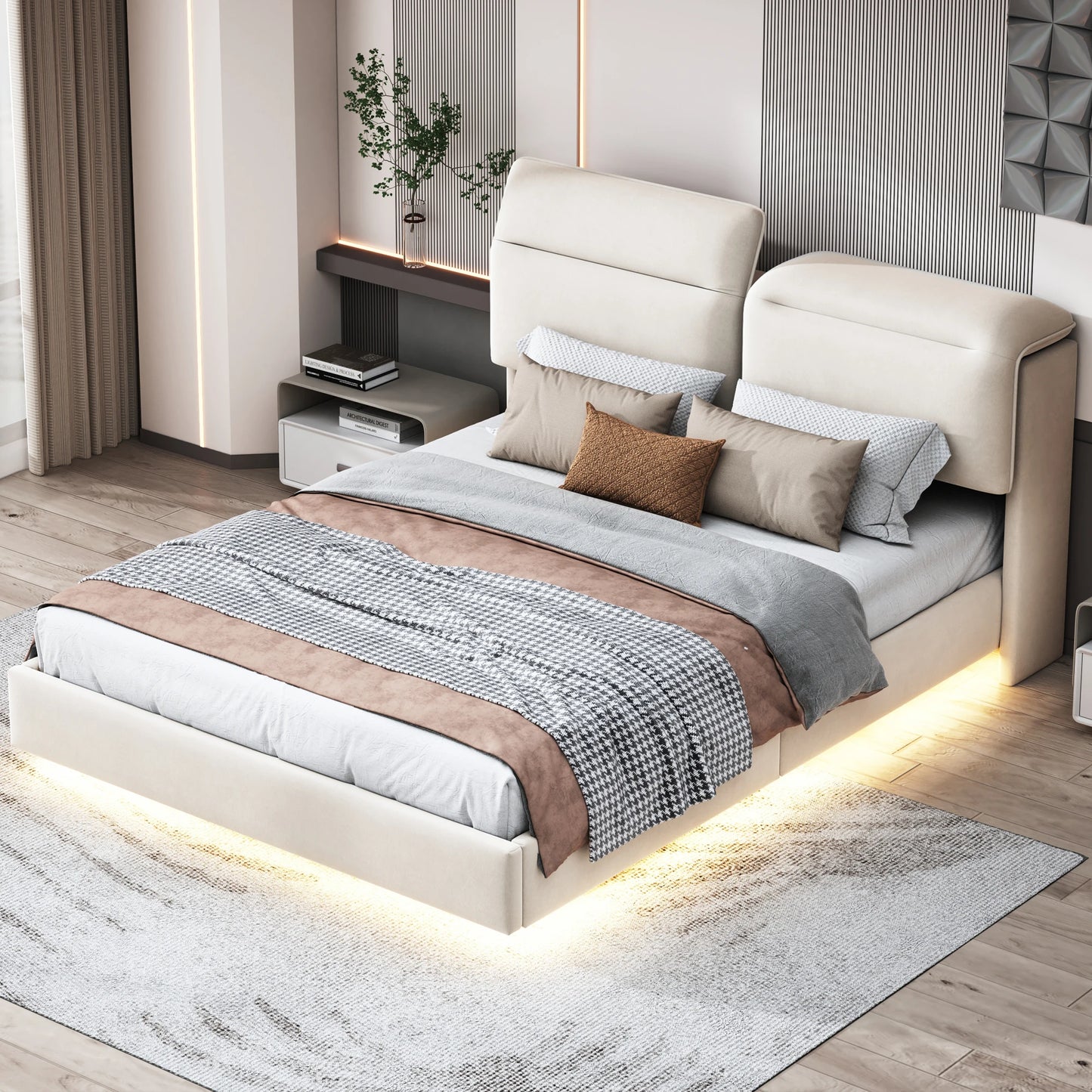 WoodenAura Bett 160 x 200 cm mit Lattenrost, Bett 160x200 cm mit Stauraum und Kopfteil, Bett mit LED-Beleuchtung und Stauraum
