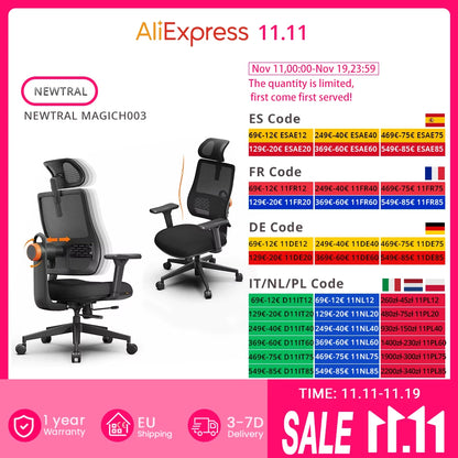 NEWTRAL MAGICH003 Ergonomischer Bürostuhl, automatisch ausgestellte Rückenlehne, adaptive Unterrückenstütze, verstellbarer Kopfstützensitz