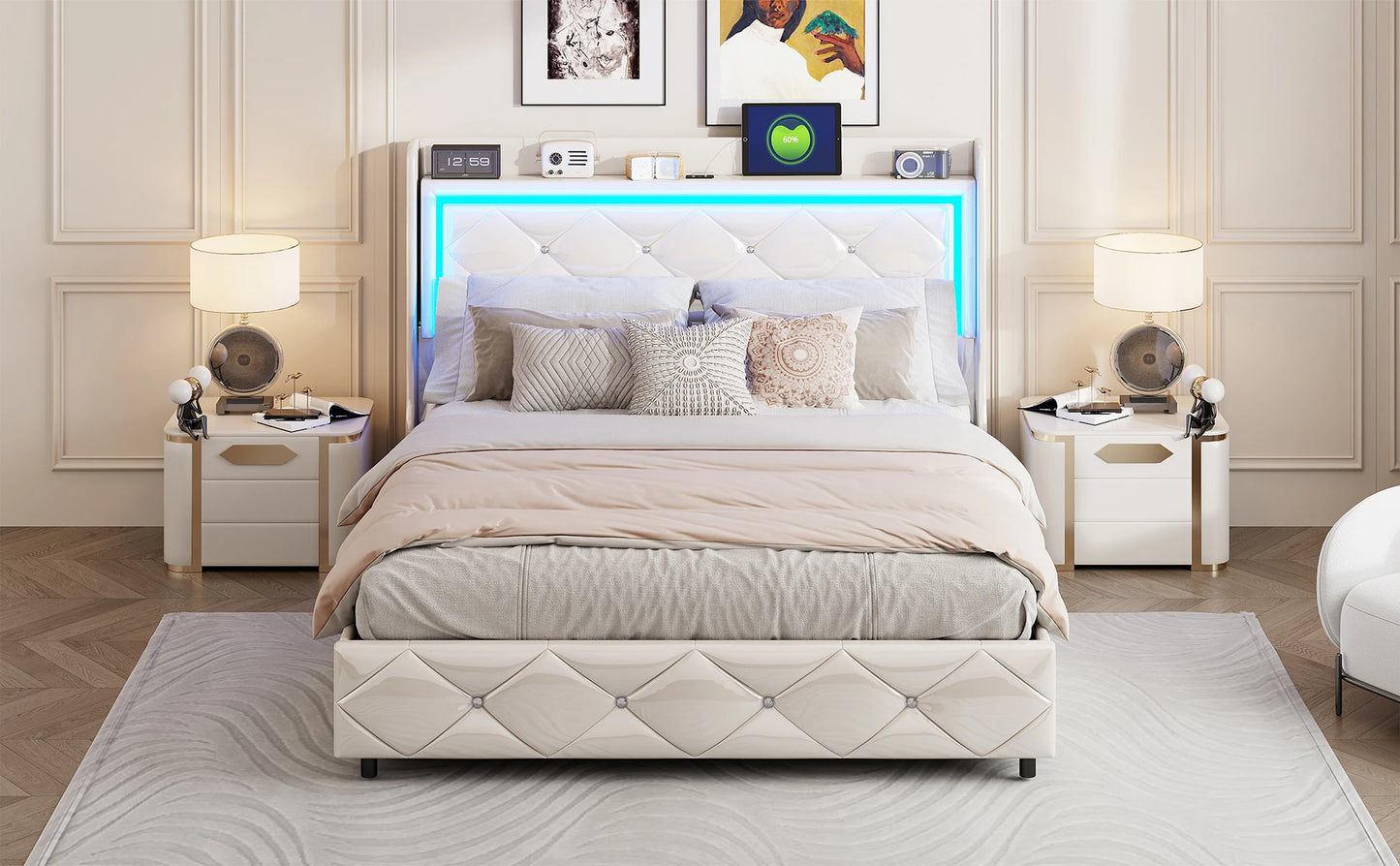 Rosahqnda Doppel-Jugendbettgestell 140–160 x 200 cm mit hydraulischem LED- und USB-Aufbewahrungsbett, Einzelbett, Gäste-/Master-Schlafzimmer, PU, weiß/schwarz