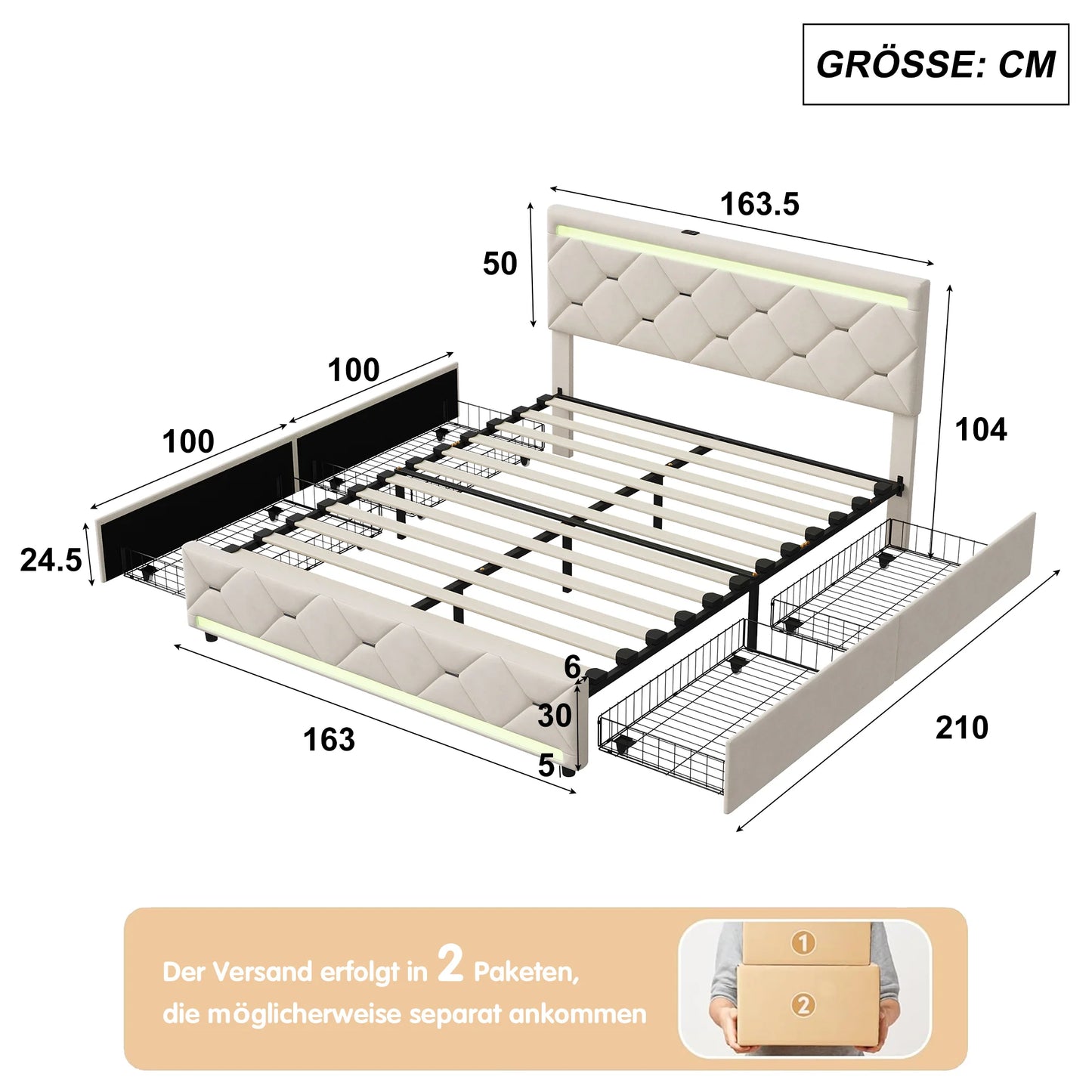 Comanlai 160 x 200 cm Polsterbett, mit USB-Ladefunktion und LED-Kopfteil und 4 Schubladen, ohne Matratze, Samt, gebrochenes Weiß