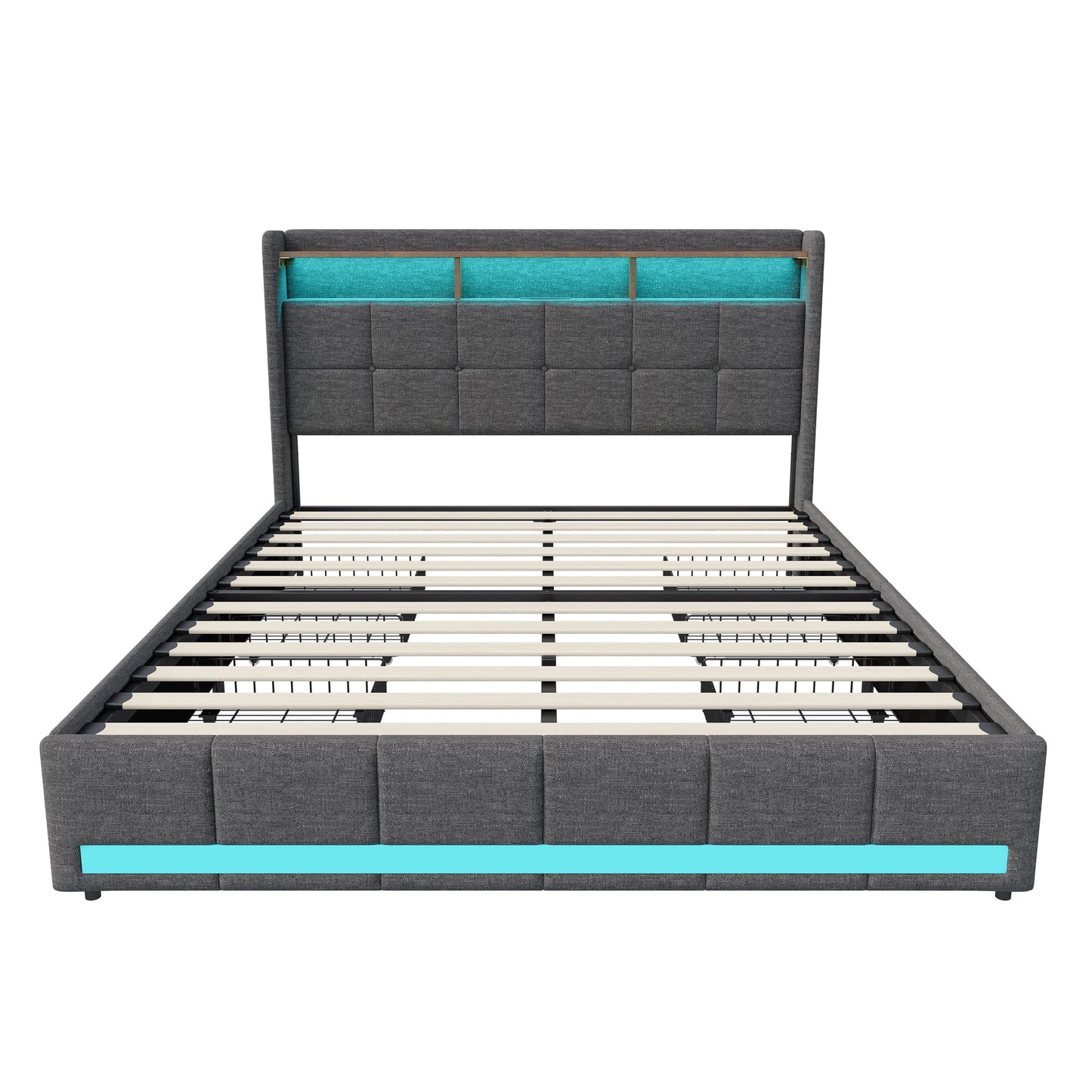 Double Bed,Upholstered Bed with LED and USB Charging Port,4 Drawers and Storage Backrest for Adults or Teen Bedrooms,Beige/Grey