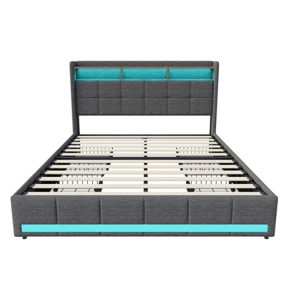 Double Bed,Upholstered Bed with LED and USB Charging Port,4 Drawers and Storage Backrest for Adults or Teen Bedrooms,Beige/Grey