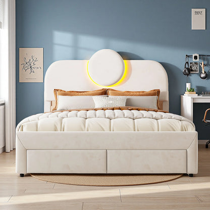 WoodenAura Gepolstertes Doppelbett, 140 x 200 cm mit LED, gepolstertes Bettgestell mit verstellbarem Kopfteil und Lattenrost