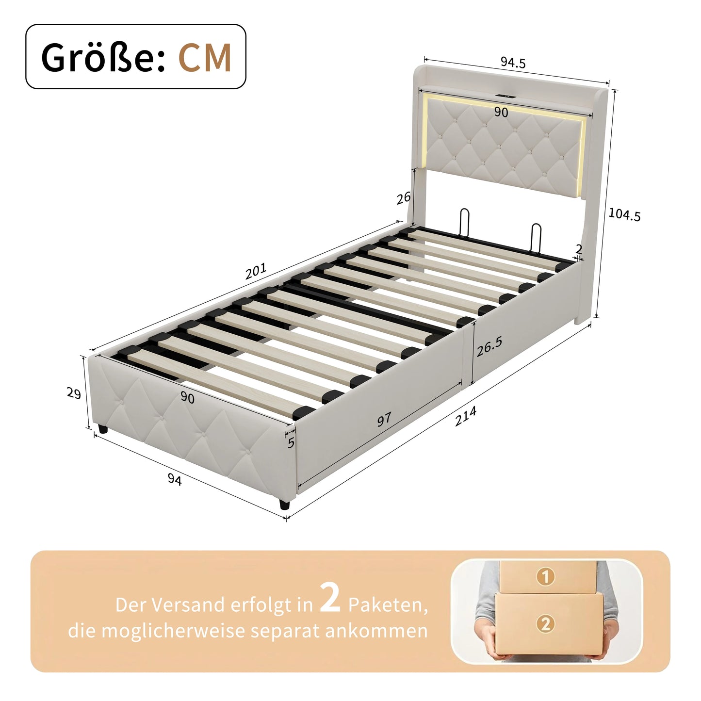 Rosahqnda Polster-Einzelbett 90 x 200 cm mit LED, Jugendbett mit USB/Typ-C, Bettkasten, Holzrahmen, Flanell (ohne Matratze)