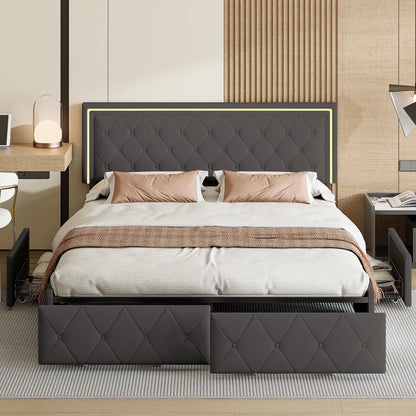 ROSAHQNDA Modernes Kunstlederbett mit Schubladen, LED-PU-Doppelbettgestell mit Stauraum, 140/160 x 200 cm, ohne Matratze