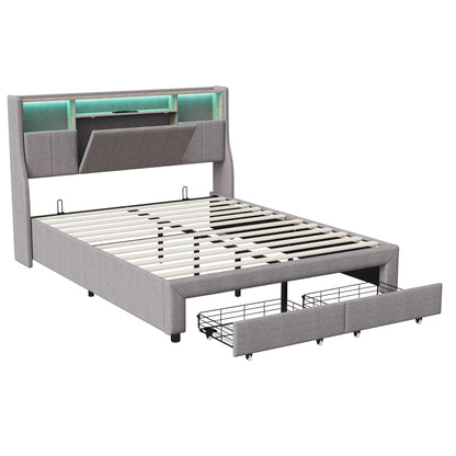 Upholstered Bed 160 x 200 cm, Bed Frame with LED Lights, USB Ports and Storage Headboard, Double Bed, Guest Bed, Teenager's Bed