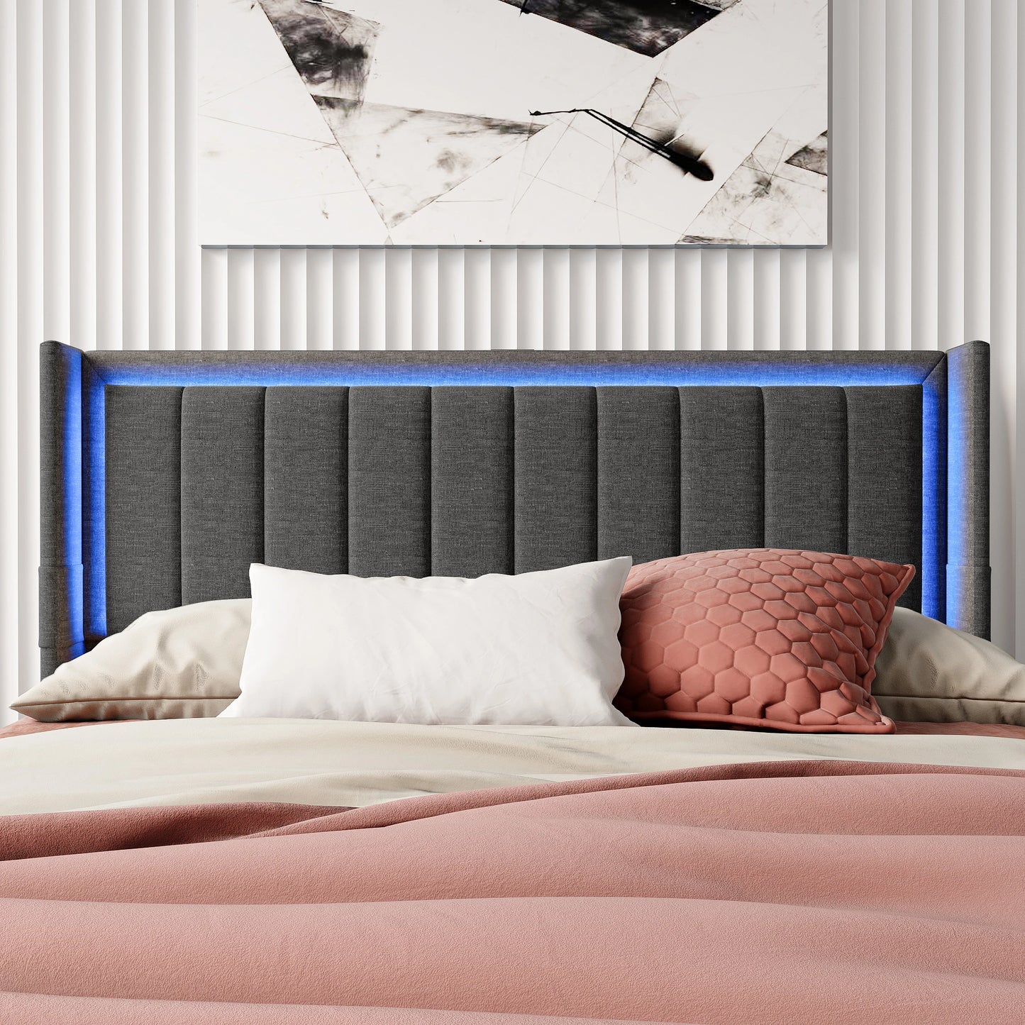 Rosahqnda Gepolsterter Bettrahmen mit LED, USB, Schubladen, Leinen Plattformbett 140-160-180×200cm,Jugendwohnungsbett,Gästebett