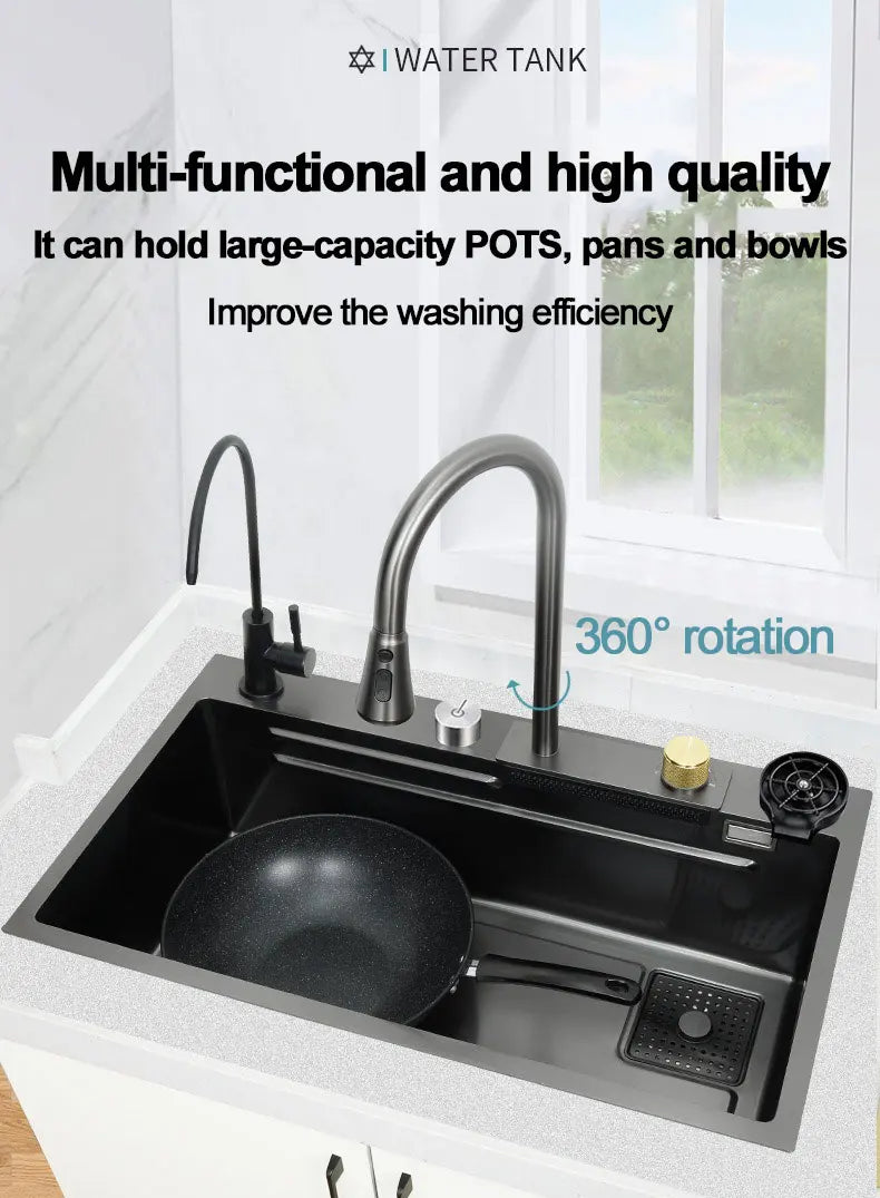 under the household sink    Black Stainless Steel Nano Undermount/Drop in Waterfall Single Bowl Kitchen Sink With Pull-Out Fauce