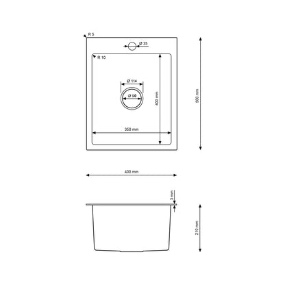 PVD Gold Edelstahlspüle 40 x 50 cm – Einzelbecken mit Abflussrohr, Wasserhahnloch, X-Drain-Design für schnellen Wasserdurchfluss