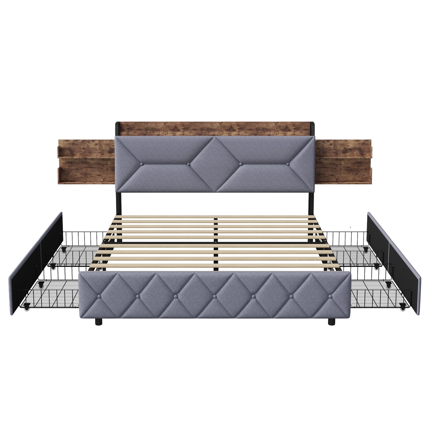 Bett 160 x 200 mit USB, Doppelbett mit 4 Schubladen, Kopfteil mit ausziehbarem Stauraum, Erwachsenenbett mit Lattenrost aus Holz