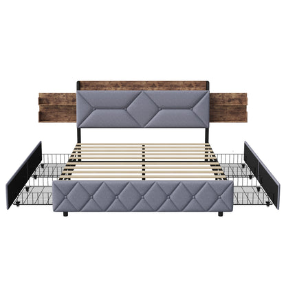 Bett 160 x 200 mit USB, Doppelbett mit 4 Schubladen, Kopfteil mit ausziehbarem Stauraum, Erwachsenenbett mit Lattenrost aus Holz